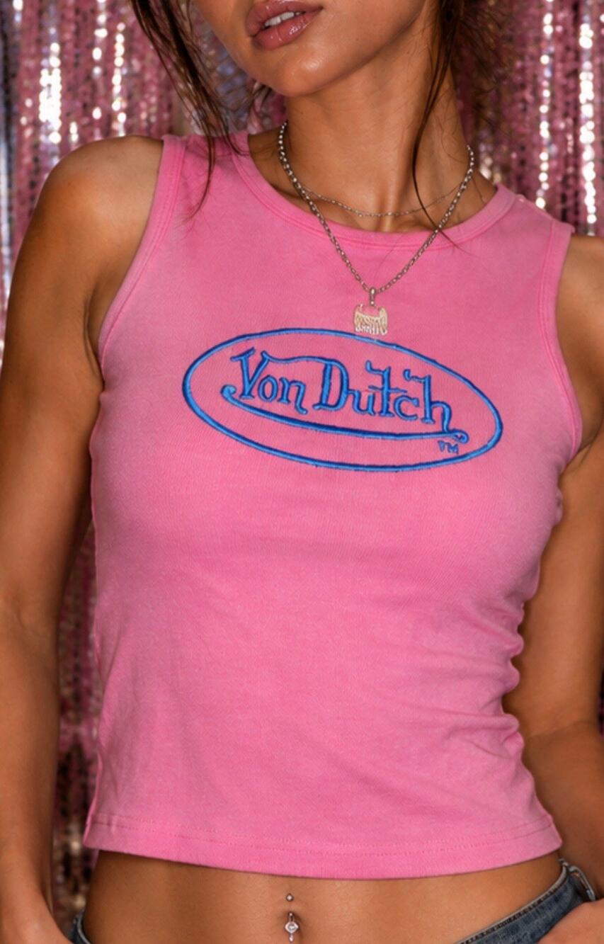 Von Dutch Pink Logo Ribbed Crop Tank Top Womens Size M Baby T Tee Y2K Stretch